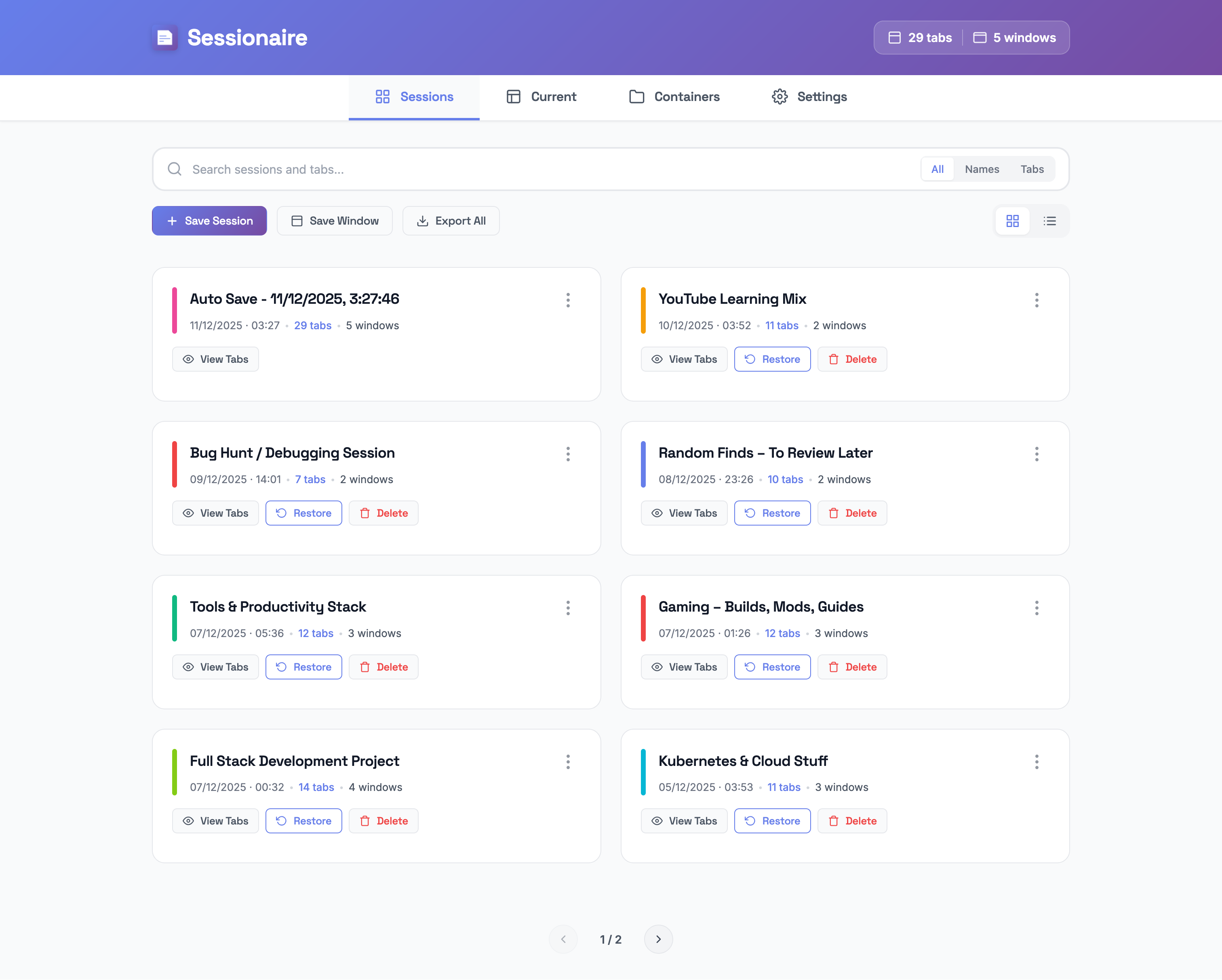 Sessionaire sessions dashboard - Firefox tab manager interface