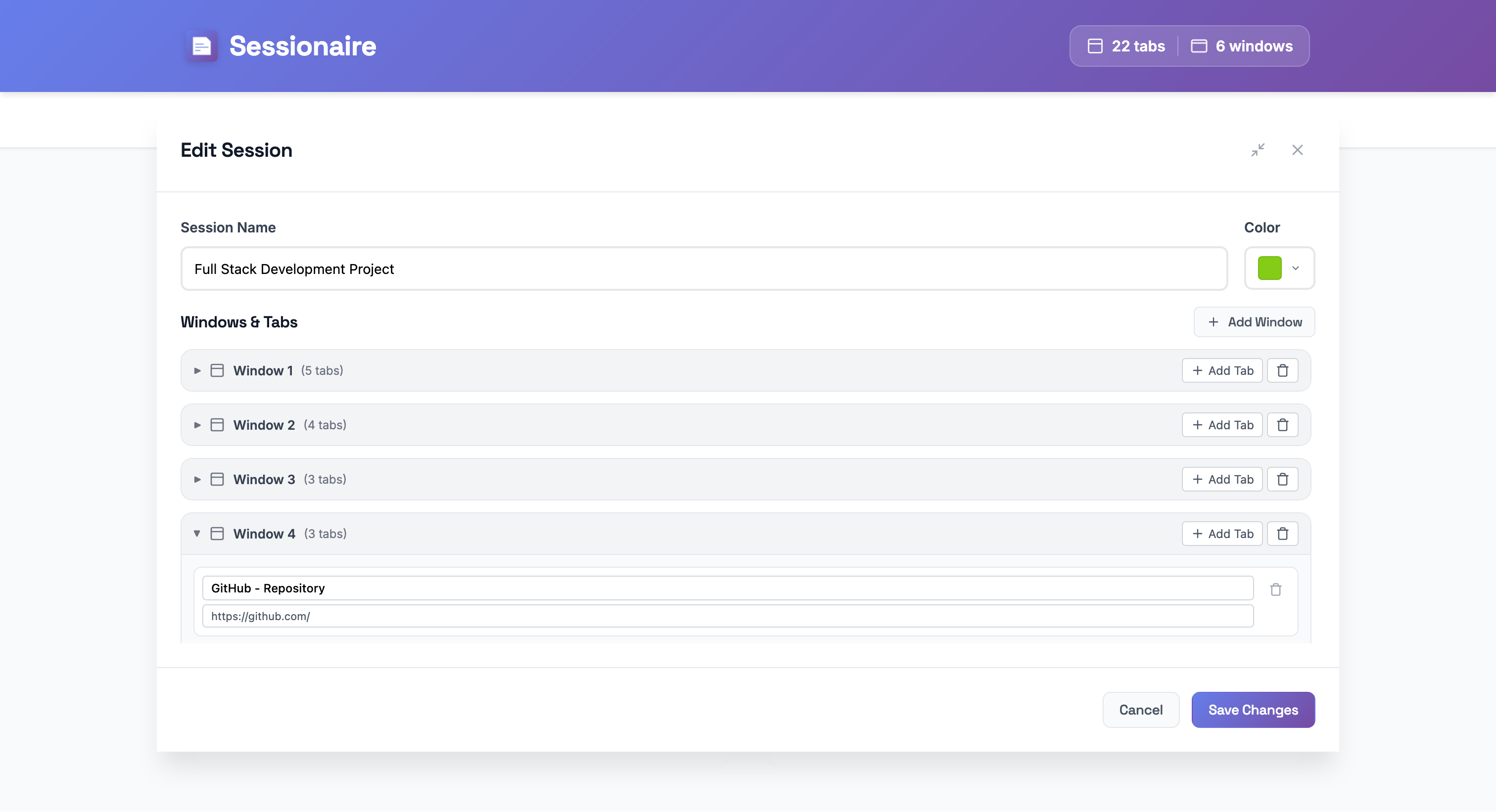 Edit session modal - customize session name windows and tabs