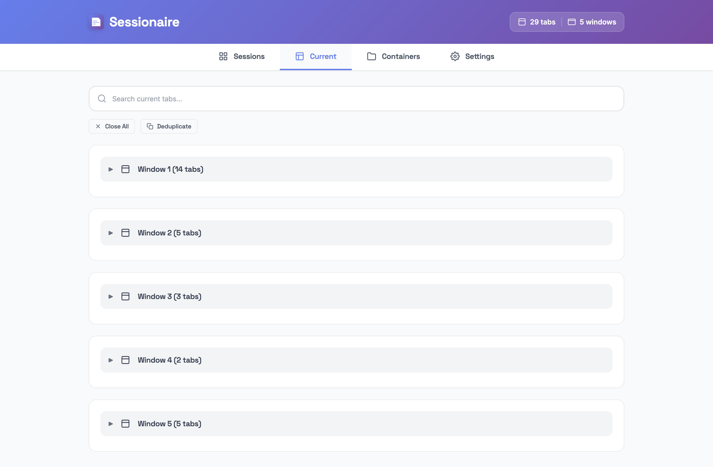 Current tabs view - organize open Firefox tabs and windows