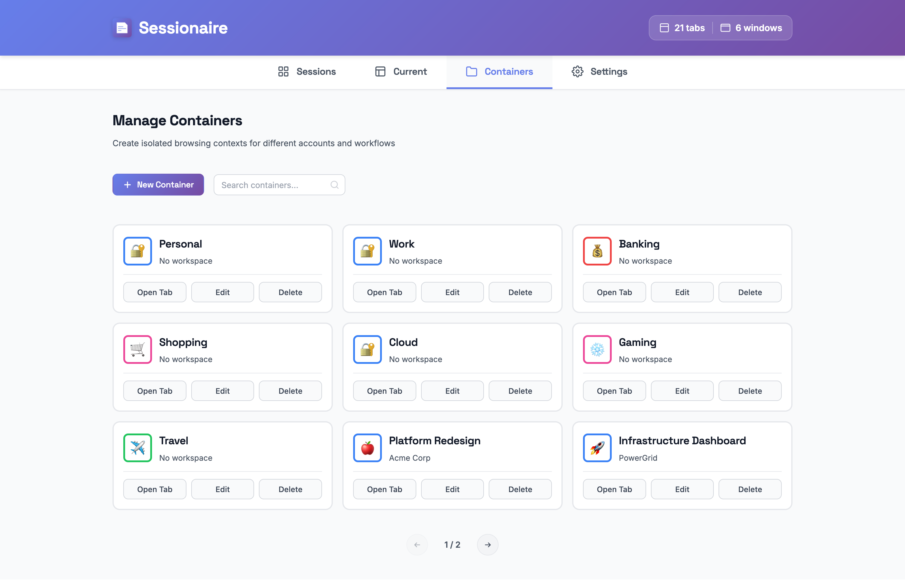 Firefox container management - Multi-Account Containers integration
