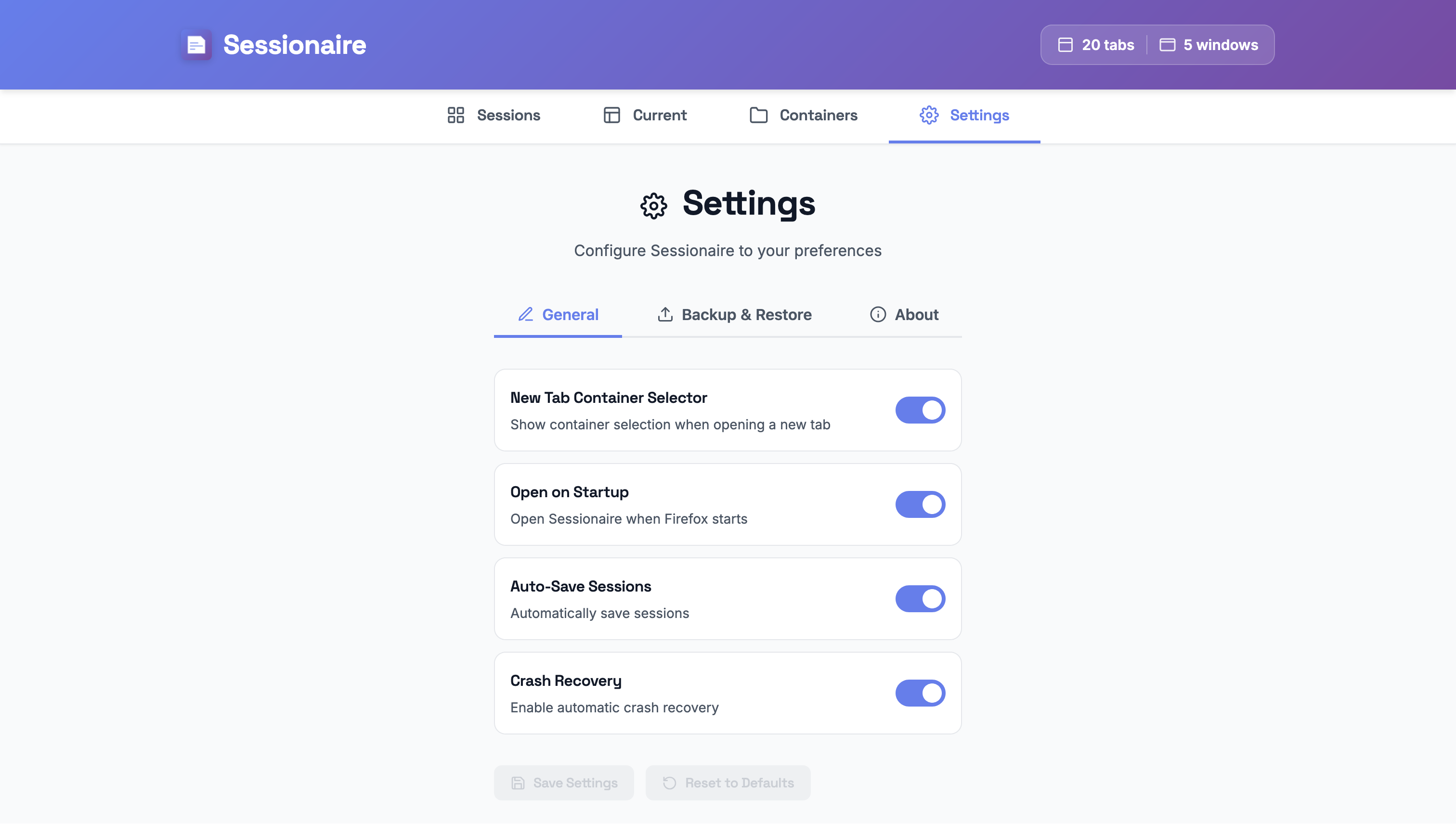 Sessionaire settings - auto-save and crash recovery options