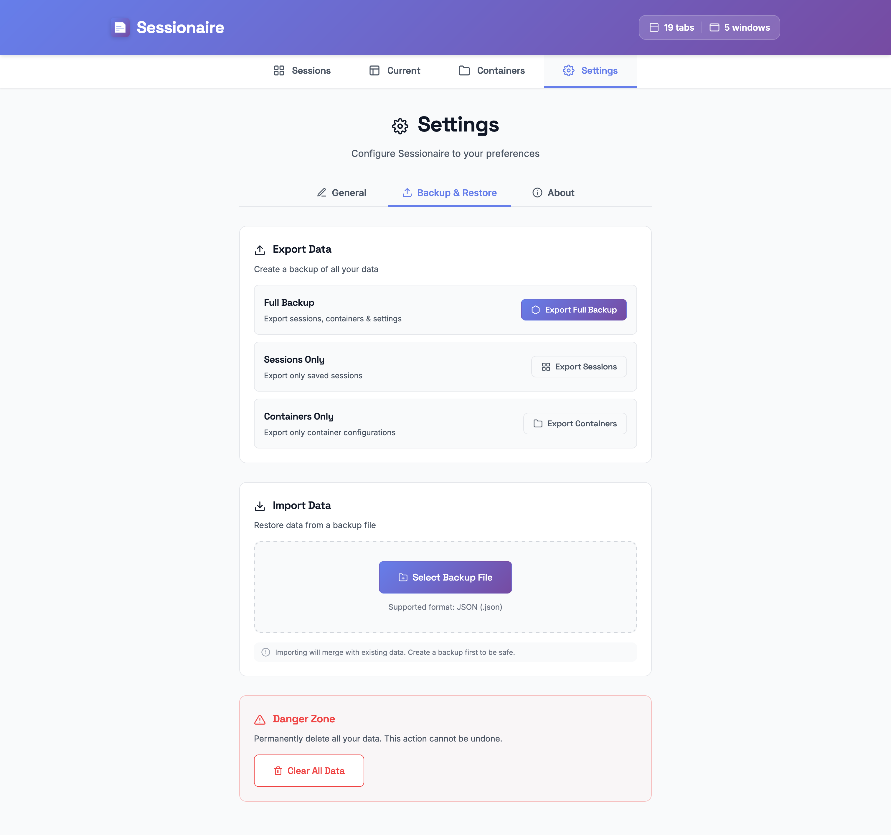 Session backup and restore - export tabs to JSON XML CSV