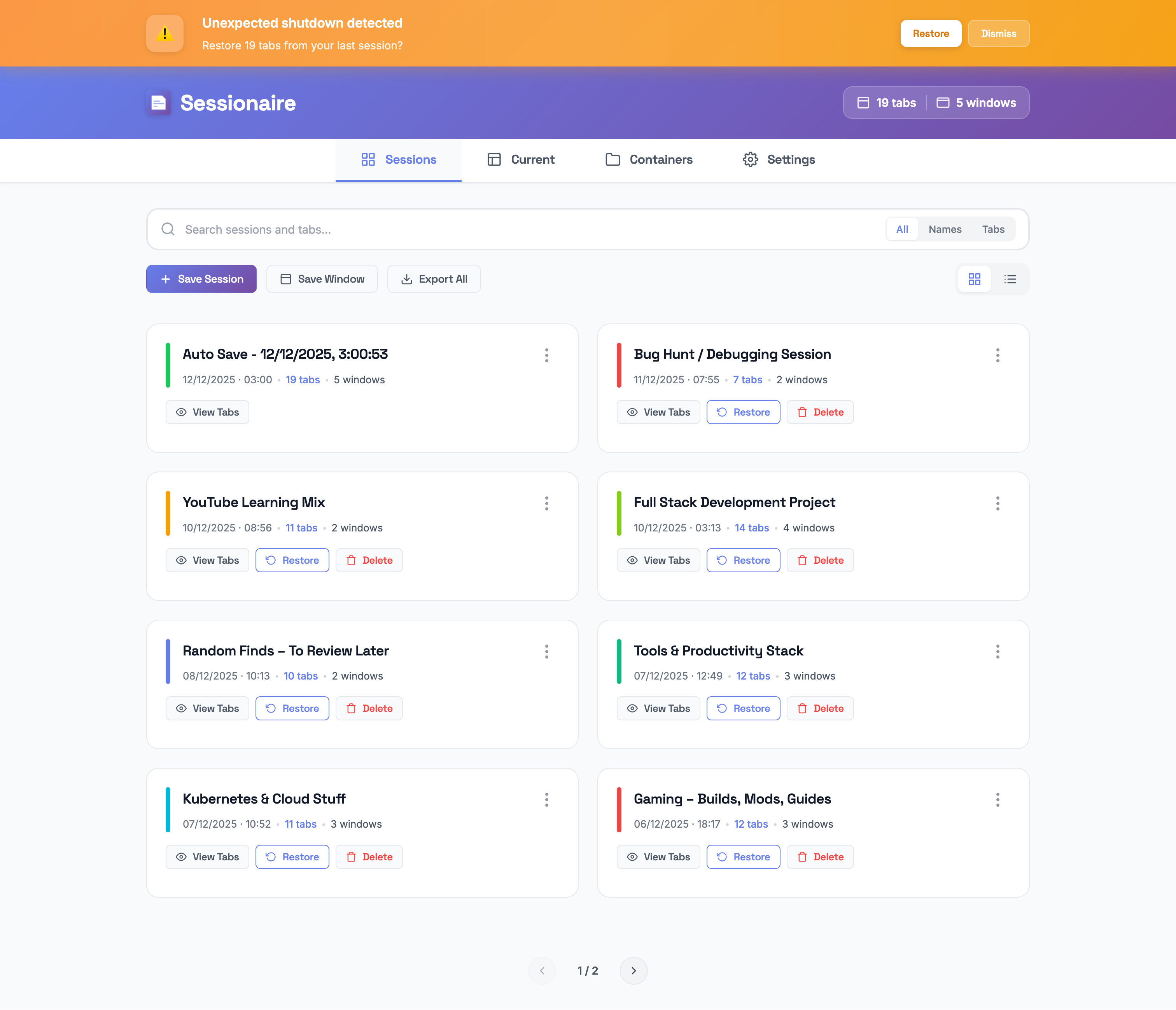 Firefox crash recovery notification - restore tabs after unexpected shutdown
