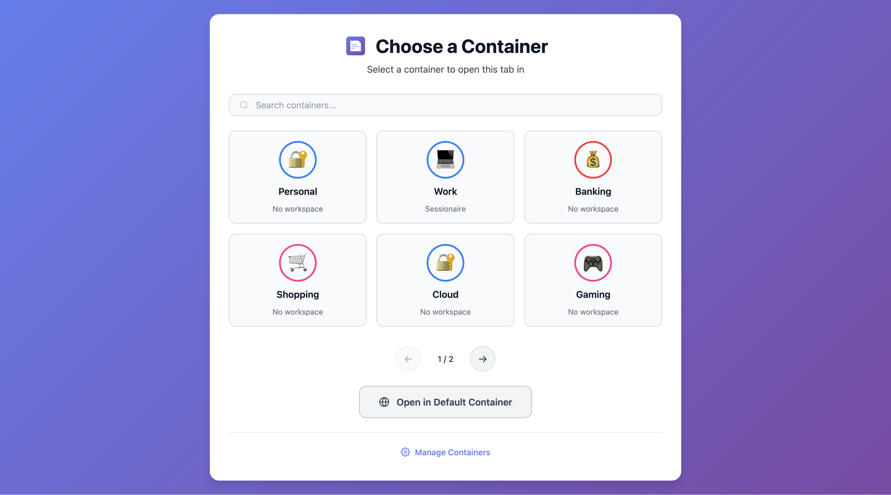 Firefox container selector - choose container for new tabs