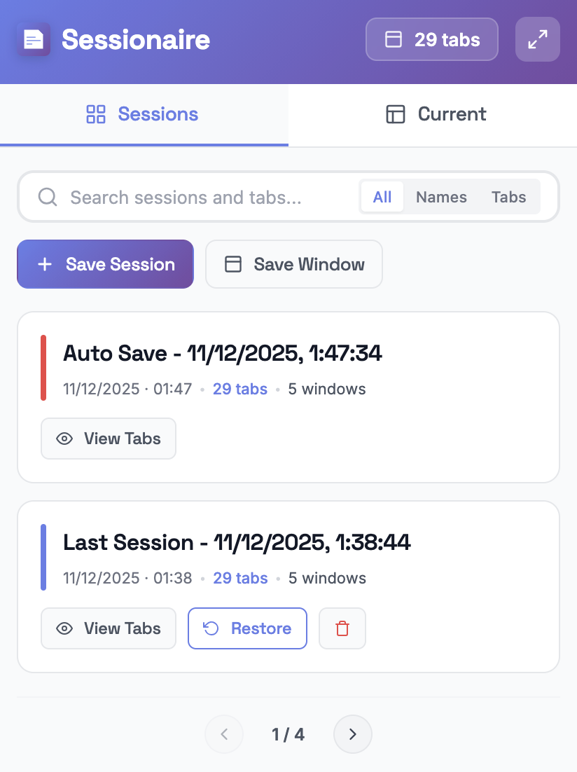 Sessionaire Firefox session manager popup - save and restore browser tabs